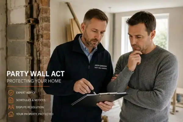 Party wall surveyor Surrey discussing extension plans with homeowner outside a UK semi-detached house.